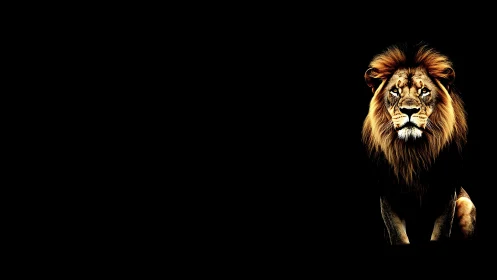 Majestic lion emerges from darkness with fierce, steady gaze