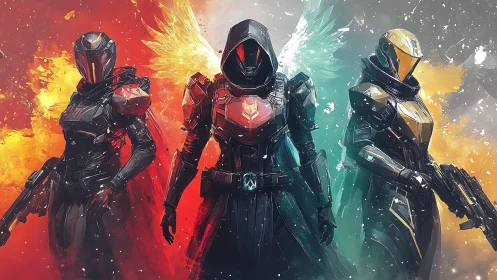 Three armored figures stand before abstract color fields