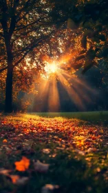 Backlit autumn trees channel low sun into radiant forest beams
