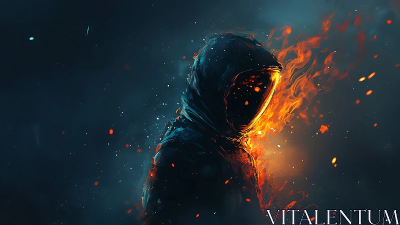 Hooded ember-walker ignites the void with feral flame glow.