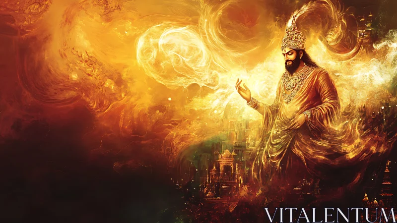 Fire crowned sovereign walking through molten-clouded heavens.