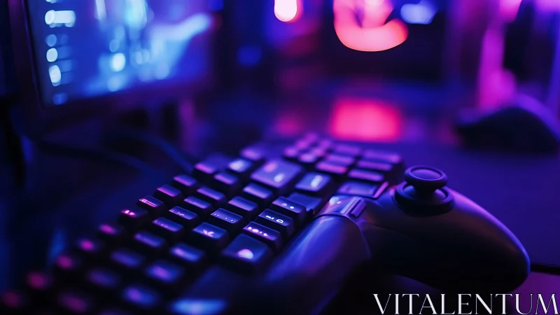 RGB-lit gaming keyboard and controller in neon studio.