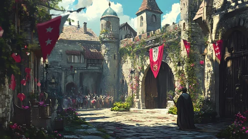 Medieval stone courtyard shows gathering beneath banners