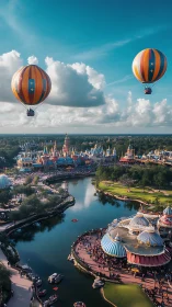 Colorful hot air balloons drift above a lively fantasy park