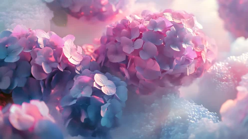 Pink Hydrangea Petals Floating in Ethereal Mist.