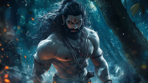 Mythic warrior strides through misted forest in dynamic lighting