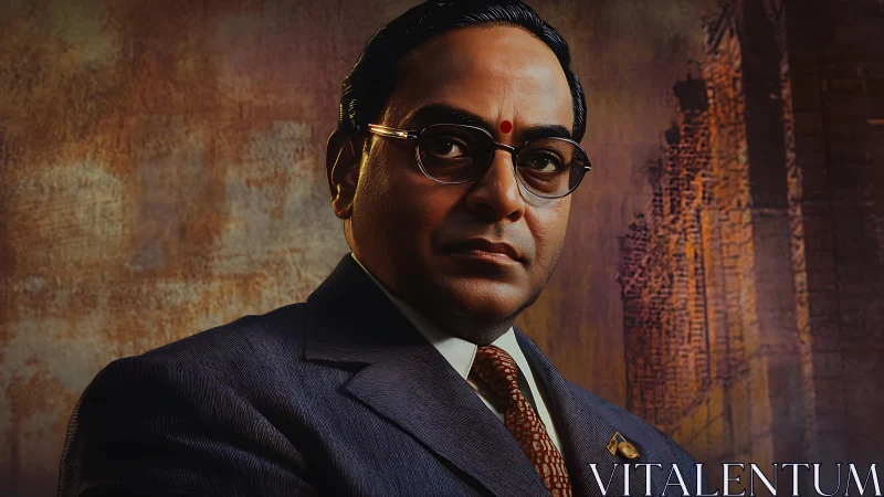 Dignified leader in a classic suit against warm mural backdrop.