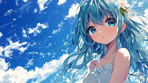 Summer sky girl amid drifting water droplets in light.