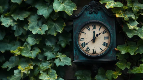 Oxidized garden clock encased in dense ivy foliage matrix.