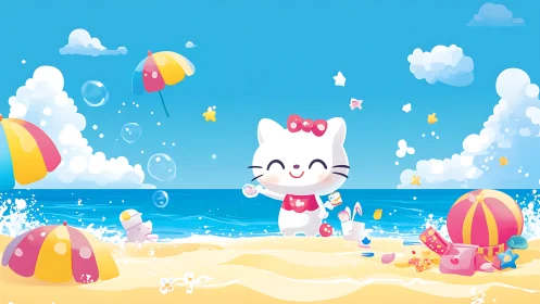 Kawaii white cat enjoying playful bubble day at seaside beach.