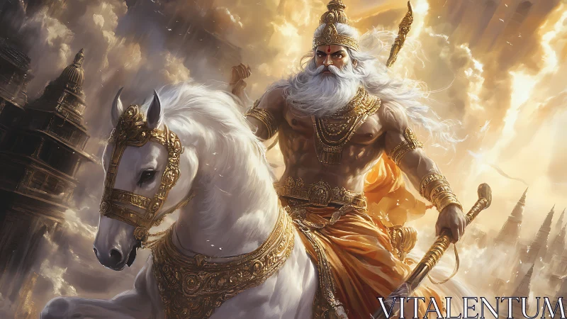 Radiant warrior on a white horse riding through golden skies.
