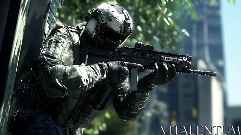 Urban tactical operator with bullpup rifle in dynamic cover