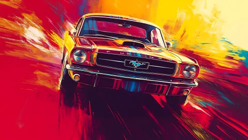 Retro muscle car surges through abstract neon speedscape