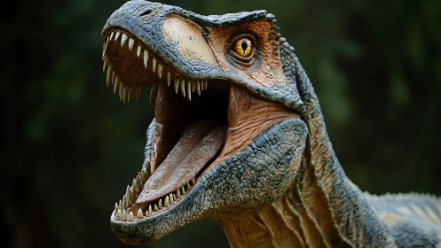 Roaring Rex close‑up with golden eyes and thunderous teeth.