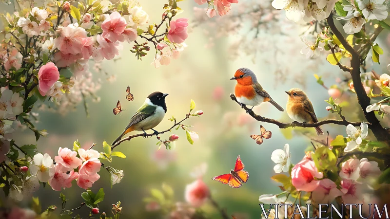 Colorful songbirds and butterflies in a blooming spring garden, digital art.