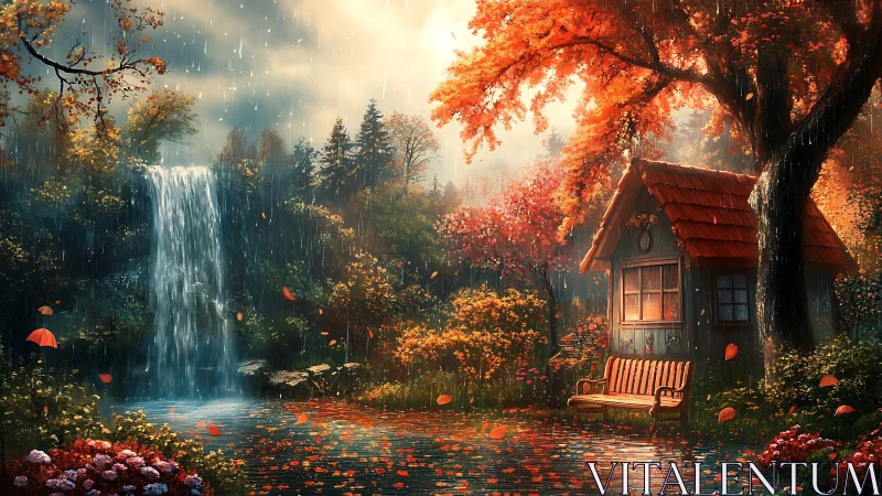 Autumn forest cabin by waterfall in gentle afternoon rain.
