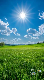 Sunlit wildflower meadow under deep blue sky panorama.