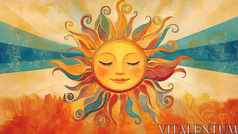 Stylized sun with human face on textured radial background.