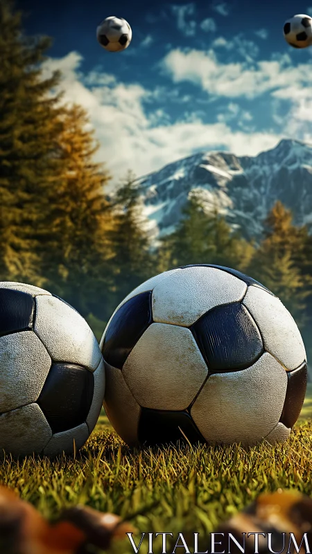 Soccer balls rest on alpine field under crisp autumn sky.