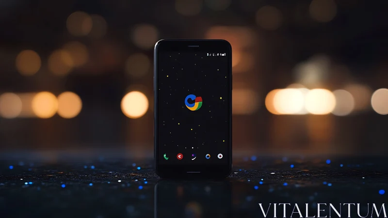 Smartphone displaying Google logo with night cityscape