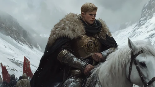 Golden-clad knight rides through harsh wintry mountain pass.