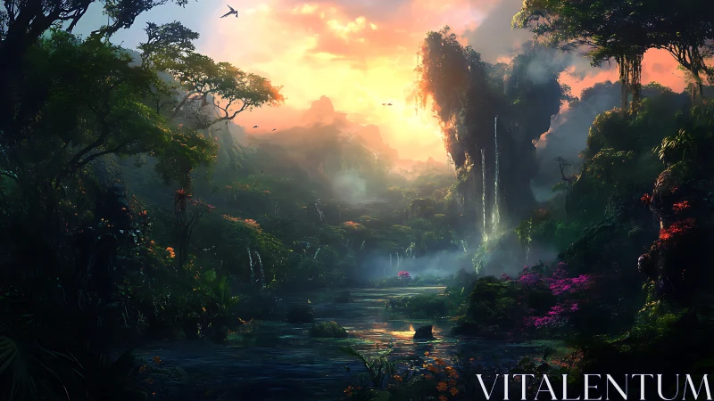 Lush fantasy jungle valley with waterfalls at sunrise.