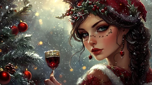 Digital painting portrait of festive woman with Christmas tree.