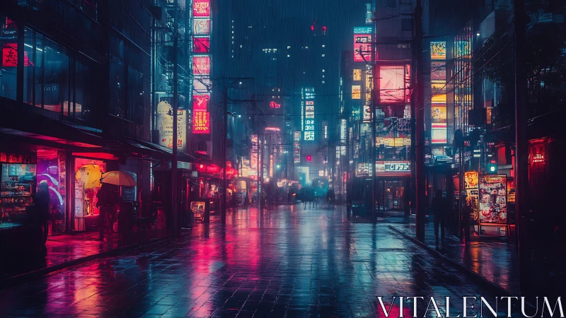 Rain-soaked neon commercial street is illuminated at night