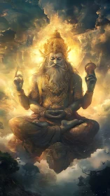 Golden celestial deity meditating in radiant clouds.