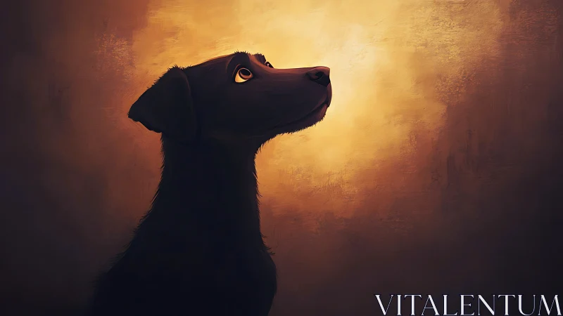 Labrador silhouette in warm chiaroscuro backlight profile.