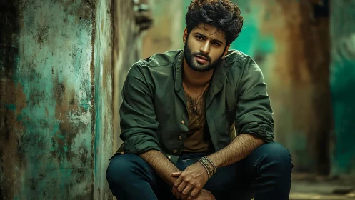 Shallow-depth portrait of seated man in textured urban alleyway