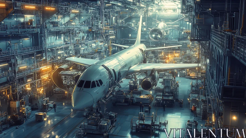 Busy futuristic aircraft hangar hums with careful nighttime work