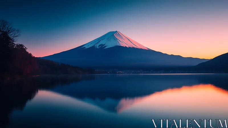 Snow-capped volcanic peak mirrored in still lake water.