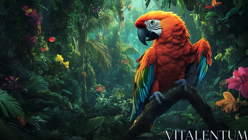 Scarlet macaw perched in lush digital jungle scene.