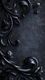 Graceful dark floral scrollwork curls across textured stone