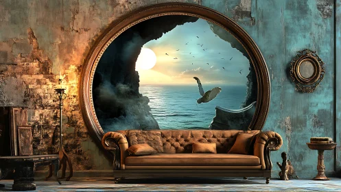 Surreal interior portal framing seascape with breaching whale.