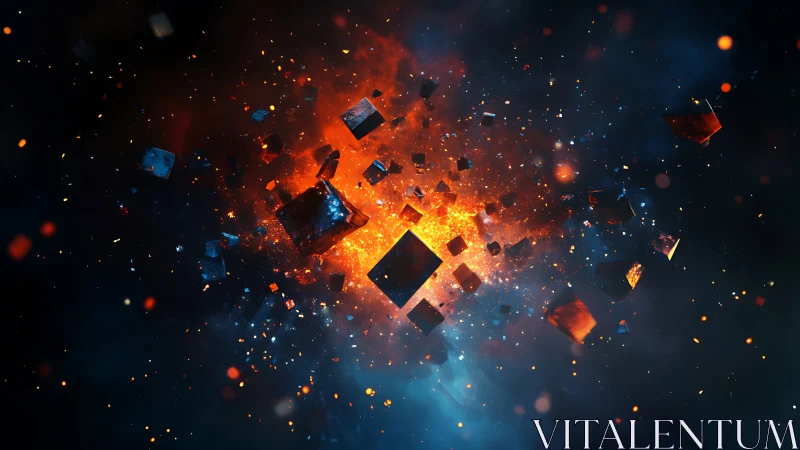 Geometric fragments dispersing from central luminous core.