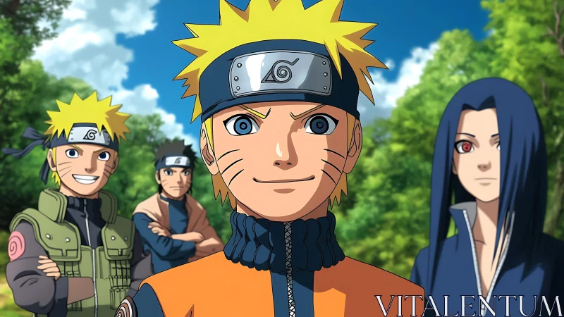 Four anime ninjas stand outdoors in bright daylight forest