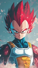 Crimson‑haired space warrior stands unflinching in swirling sparks