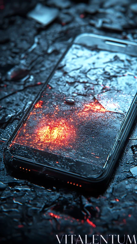 Smartphone with cracked screen glowing on wet dark ground.