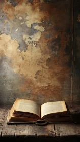 Timeworn book on rustic table under warm side light.