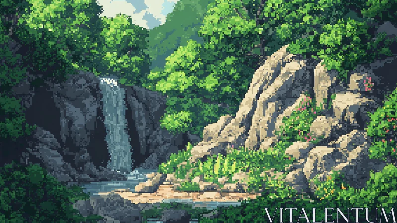 Pixel Art Forest Waterfall Landscape with Layered Vegetation