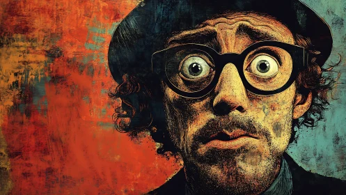 Textured comic portrait of anxious man in bold warm palette.