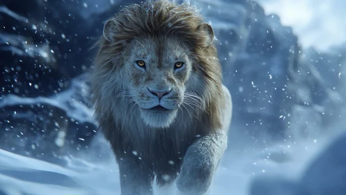 Lone lion moving through snowy mountainous terrain.