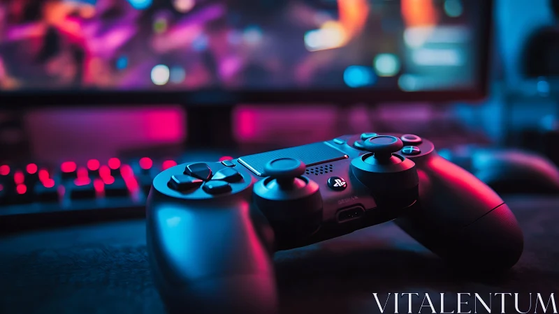 Game controller on desk before monitor in neon lighting.