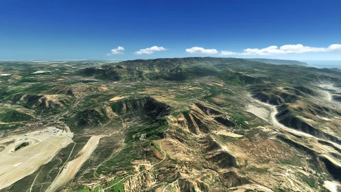 Satellite style aerial view of semi arid mountain landscape.