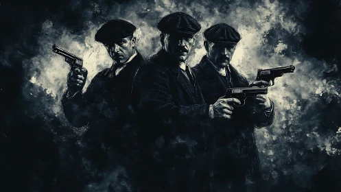 Gritty digital painting of armed gangsters in smoky noir.