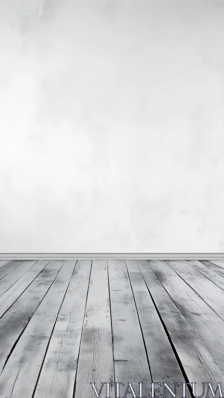 Empty white wall with worn gray wooden plank floor.