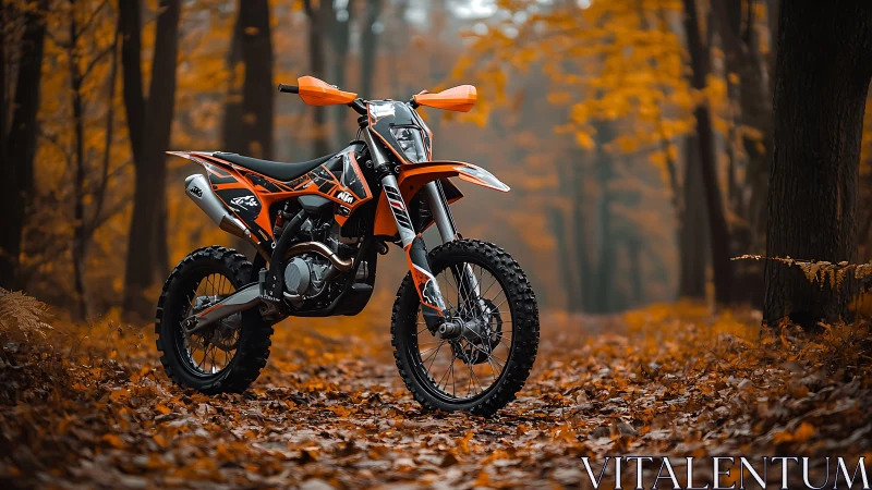 Enduro dirt bike stands in vivid autumn forest trail setting.
