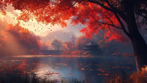 Gentle lakeside retreat beneath glowing autumn maple trees.